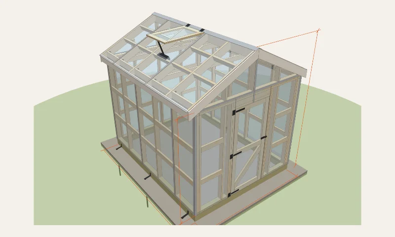 3D model of the 8×10 gable greenhouse example example in the Greenhouse Planner: 8′ × 10′, 9′ 9″ peak