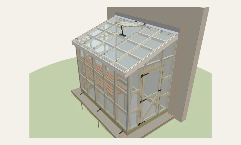 3D model of the 6×10 lean-to against a wall example example in the Greenhouse Planner: 6′ × 10′, 9′ 11 3/4″ at the wall