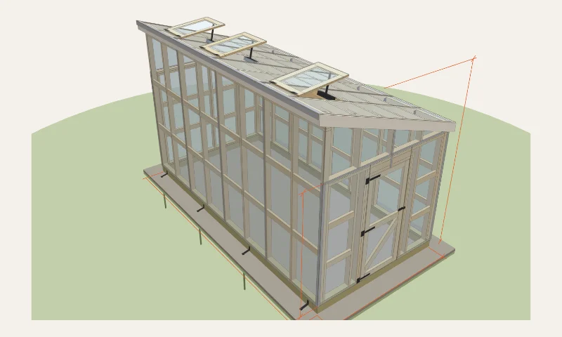 3D model of the 8×16 single-slope with roof vents example example in the Greenhouse Planner: 8′ × 16′, 10′ 7 1/2″ peak