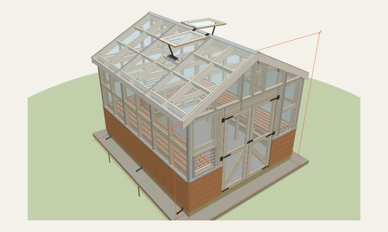 3D model of the 10×12 greenhouse with knee wall and benches example example in the Greenhouse Planner: 10′ × 12′, 10′ 3″ peak