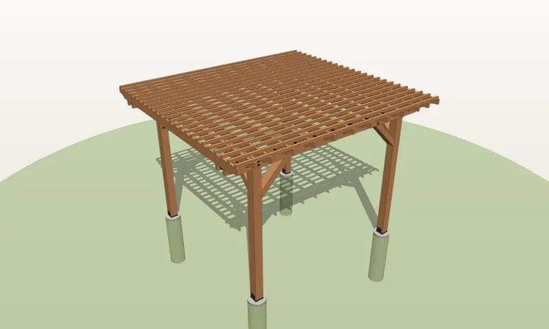 3D model of the 10×10 cedar pergola example example in the Pergola Planner: 10′ × 10′, 8′ clear