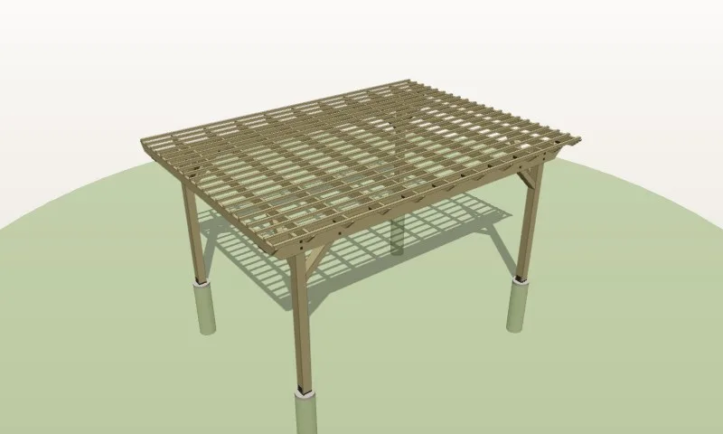 3D model of the 12×16 pressure-treated pergola example example in the Pergola Planner: 12′ × 16′ (16′ along the beams)