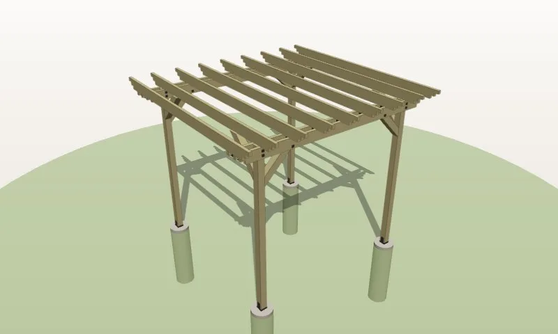 3D model of the 8×8 4×4-post pergola example example in the Pergola Planner: 8′ × 8′, 7′ 6″ clear