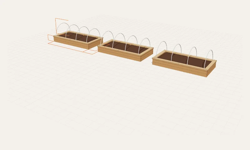 3D model of the Row of 3 beds + hoops example in the Raised Garden Bed Planner: 28′ 1 1/2″ × 4′ 1 1/2″