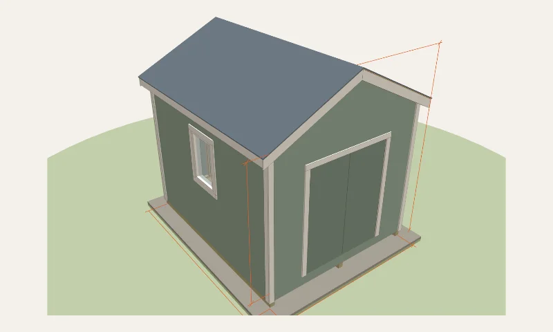 3D model of the 10×12 gable shed example example in the Shed Planner: 10′ × 12′, 12′ 1 1/4″ peak