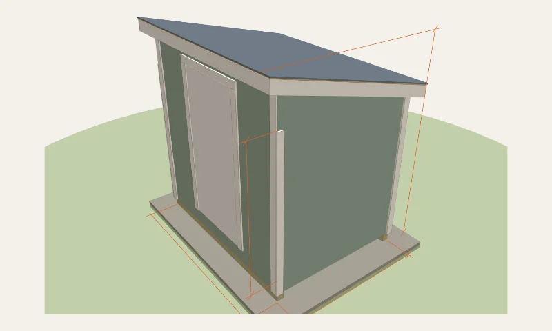 3D model of the 6×8 lean-to shed example example in the Shed Planner: 6′ × 8′, 9′ 1 1/4″ peak