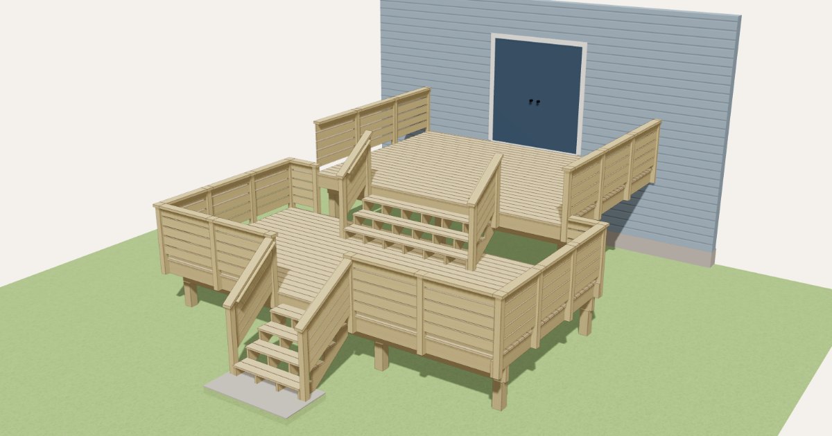 3D model of a raised wood deck with stairs, a landing and railings