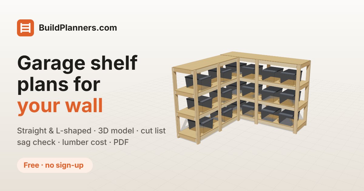 3D model of L-shaped 2x4 garage shelves holding plastic totes