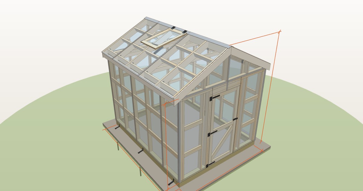 3D model of an 8 by 10 gable greenhouse framed in wood with twinwall polycarbonate glazing and a roof vent