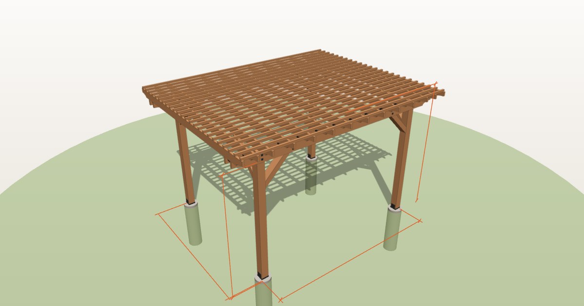 3D model of a 12 by 10 cedar pergola with curved rafter tails, top slats and knee braces