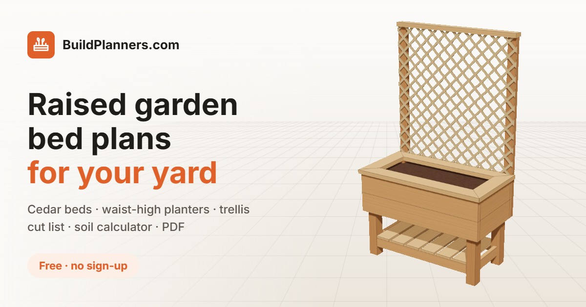3D model of a cedar waist-high raised planter with a lattice trellis