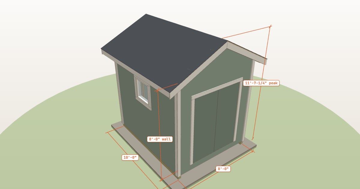 3D model of a green 8 by 10 gable shed with double doors and a window
