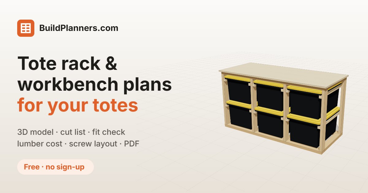 3D model of a rolling tote storage rack with a plywood bench top and six totes