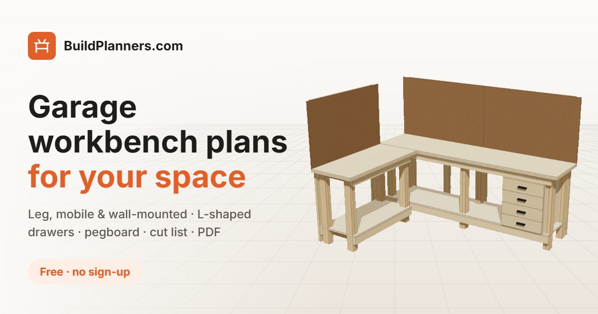 3D model of an L-shaped 2x4 garage workbench with drawers and a pegboard back